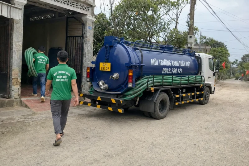 Hút hầm cầu Quảng Nam giá rẻ uy tín | Toàn Việt 28 Xe bồn và nhân viên trước lối vào nhà