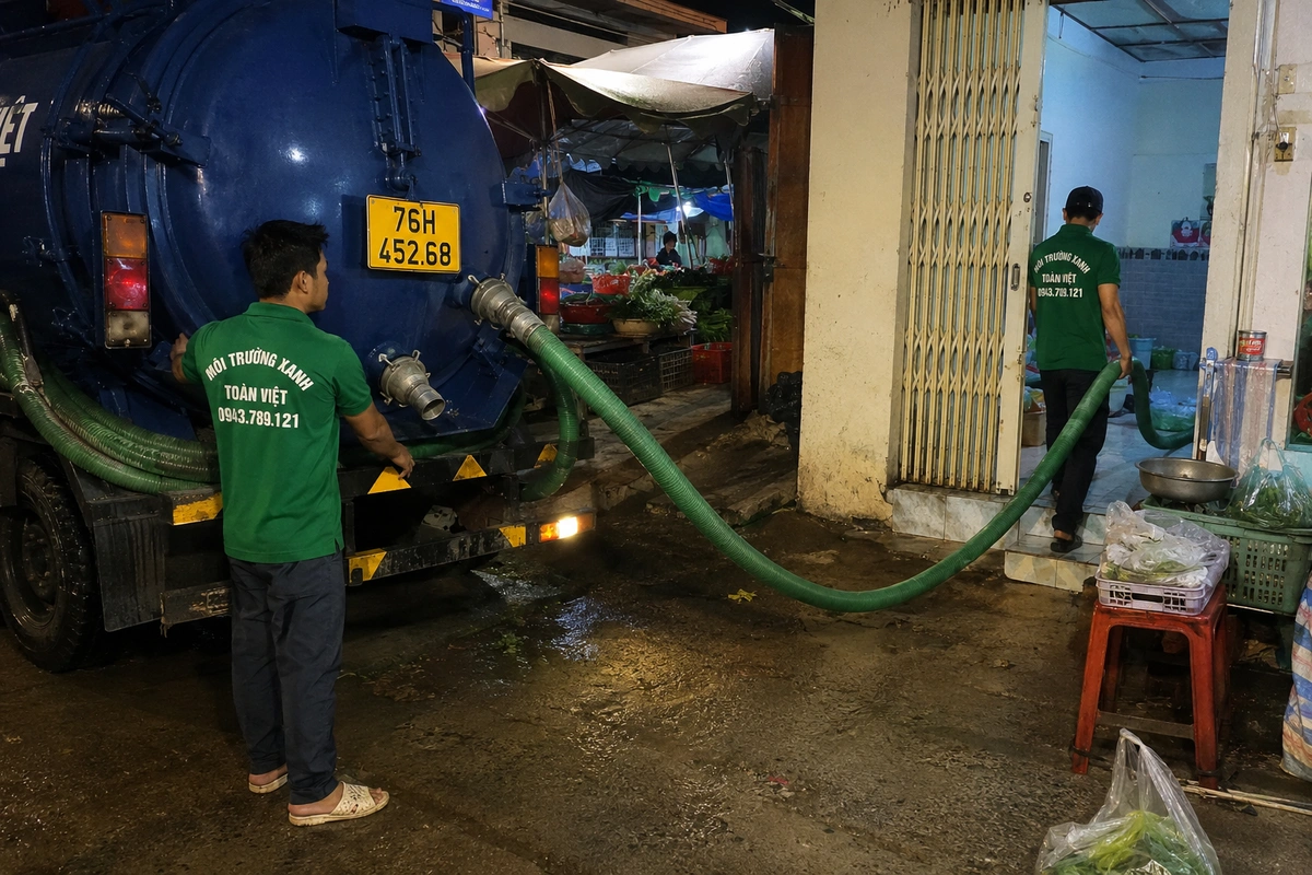 Xe hút hầm cầu đậu cạnh dãy hàng quán tại Quảng Ngãi