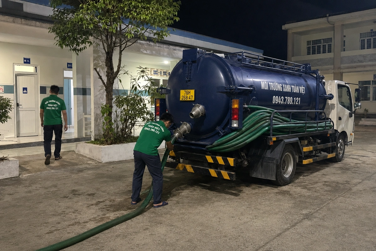 Nhân viên kéo ống từ xe hút hầm cầu vào nhà khách tại Quảng Ngãi