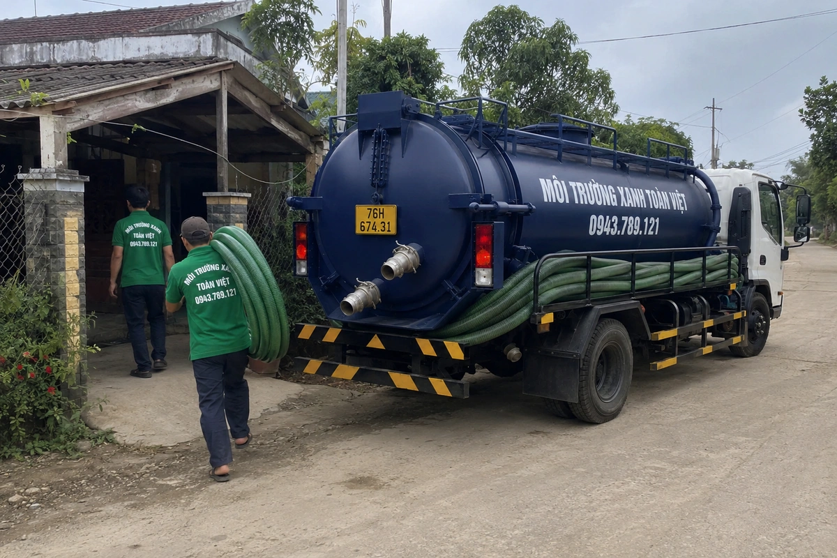 Nhân viên kéo ống từ xe hút hầm cầu vào nhà khách tại Quảng Ngãi