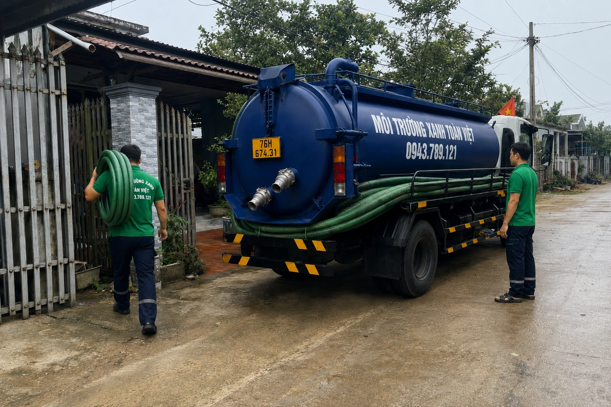 Hút Hầm Cầu Sơn Hà 24/7, Báo Giá Theo Khối | Vùng Cao Quảng Ngãi 11 Nhân viên vác cuộn ống hút từ xe vào nhà khách tại Quảng Ngãi