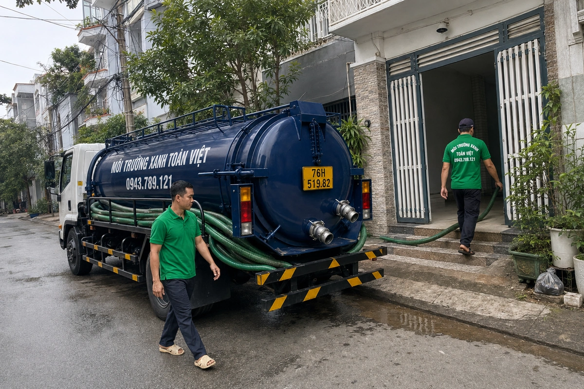 Xe hút hầm cầu vào tận đường nhỏ khu dân cư tại Quảng Ngãi