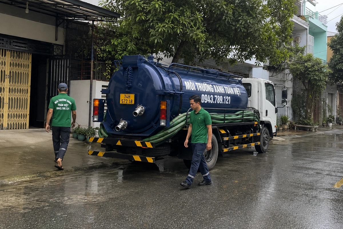 Xe hút hầm cầu làm việc trên đường ướt sau mưa tại Quảng Trị