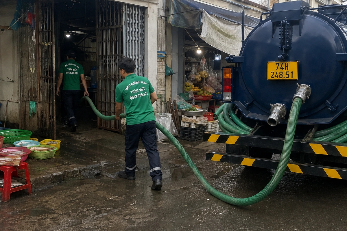 Xe hút hầm cầu đậu cạnh dãy hàng quán tại Quảng Trị