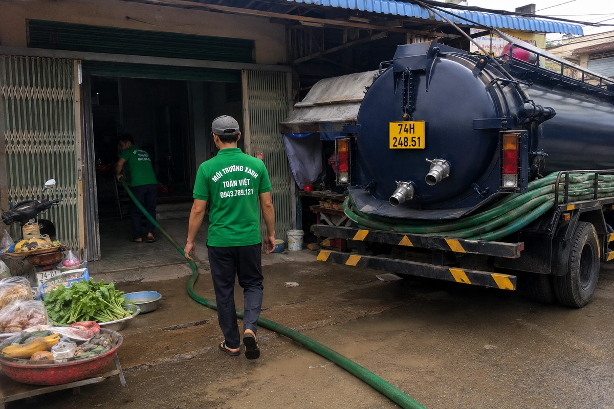 Xe hút hầm cầu đậu cạnh dãy hàng quán tại Quảng Trị