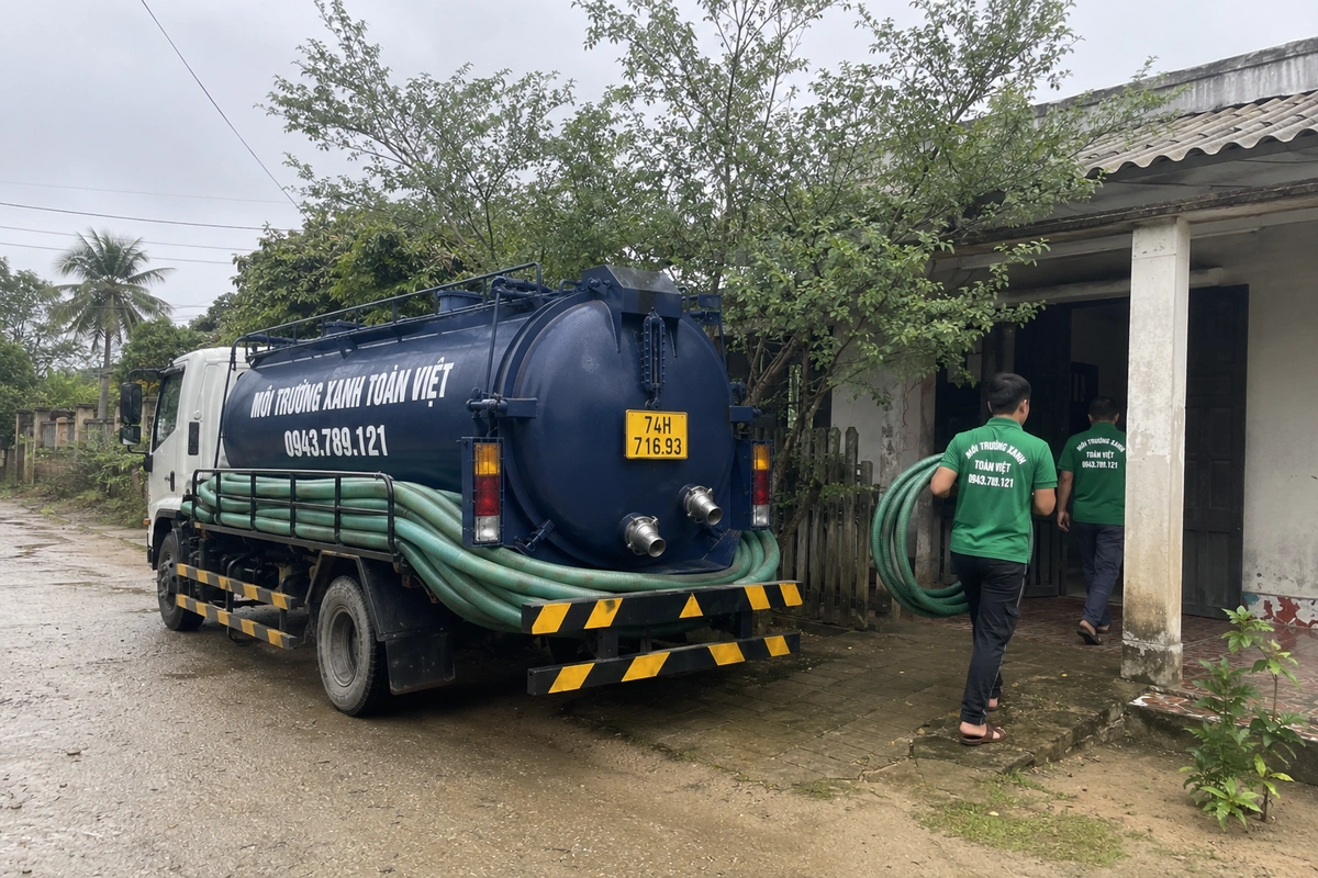Nhân viên kéo ống từ xe hút hầm cầu vào nhà khách tại Quảng Trị