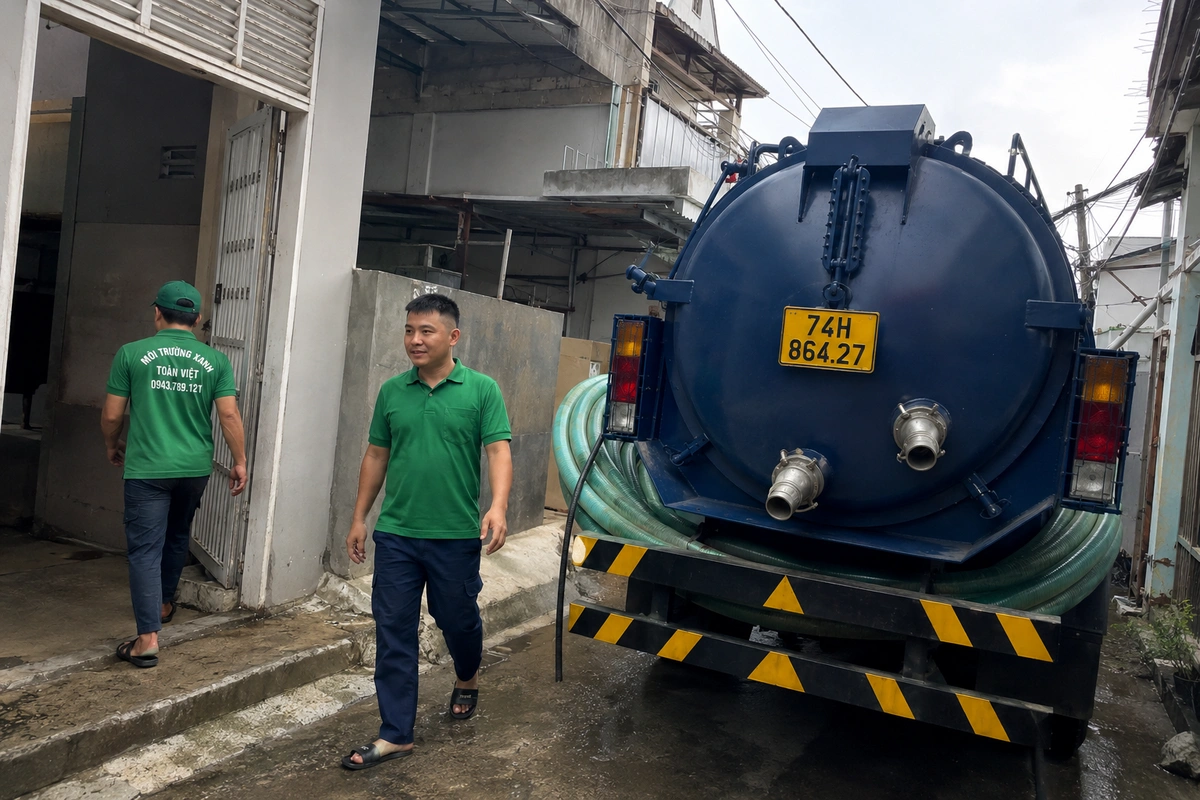 Xe hút hầm cầu vào tận đường nhỏ khu dân cư tại Quảng Trị