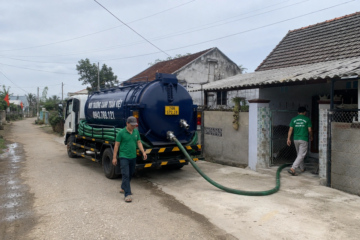 Nhân viên kéo ống từ xe hút hầm cầu vào nhà khách tại Quảng Trị