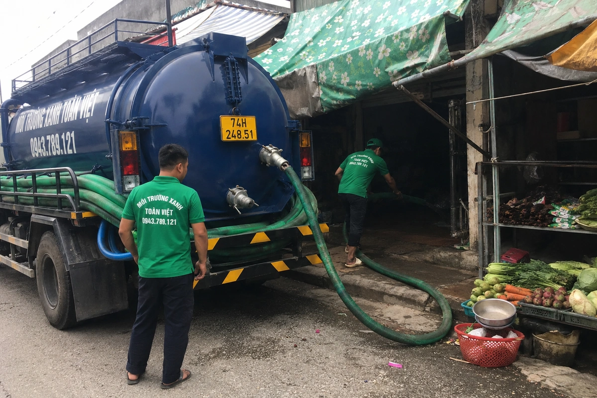 Xe hút hầm cầu đậu cạnh dãy hàng quán tại Quảng Trị