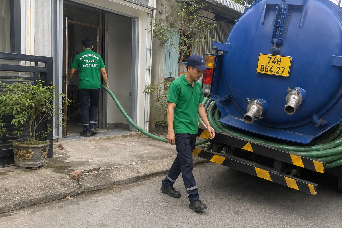 Nhân viên kéo ống từ xe hút hầm cầu vào nhà khách tại Quảng Trị