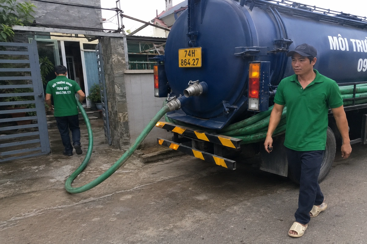 Nhân viên kéo ống từ xe hút hầm cầu vào nhà khách tại Quảng Trị