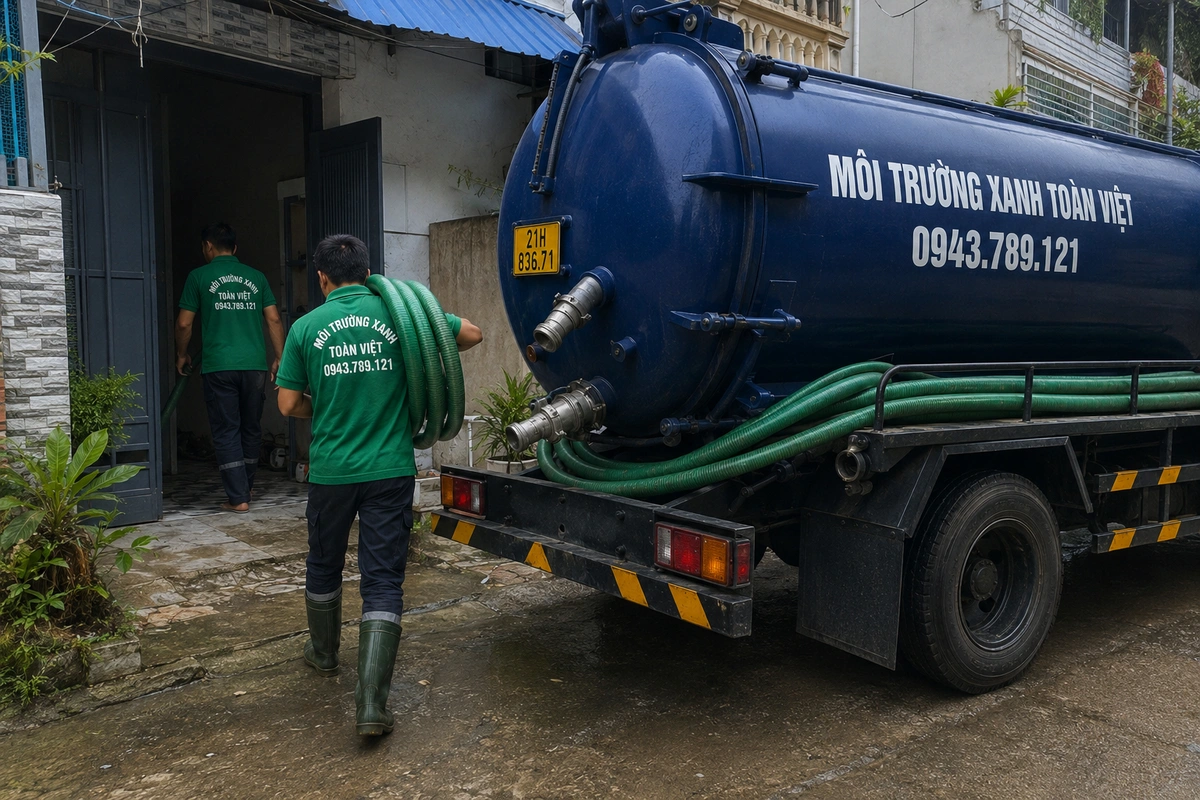 Hút Bể Phốt Tại Lục Yên 24/7, Báo Giá Theo Khối Và Khối 8 Nhân viên đưa đường ống hút vào bên trong công trình