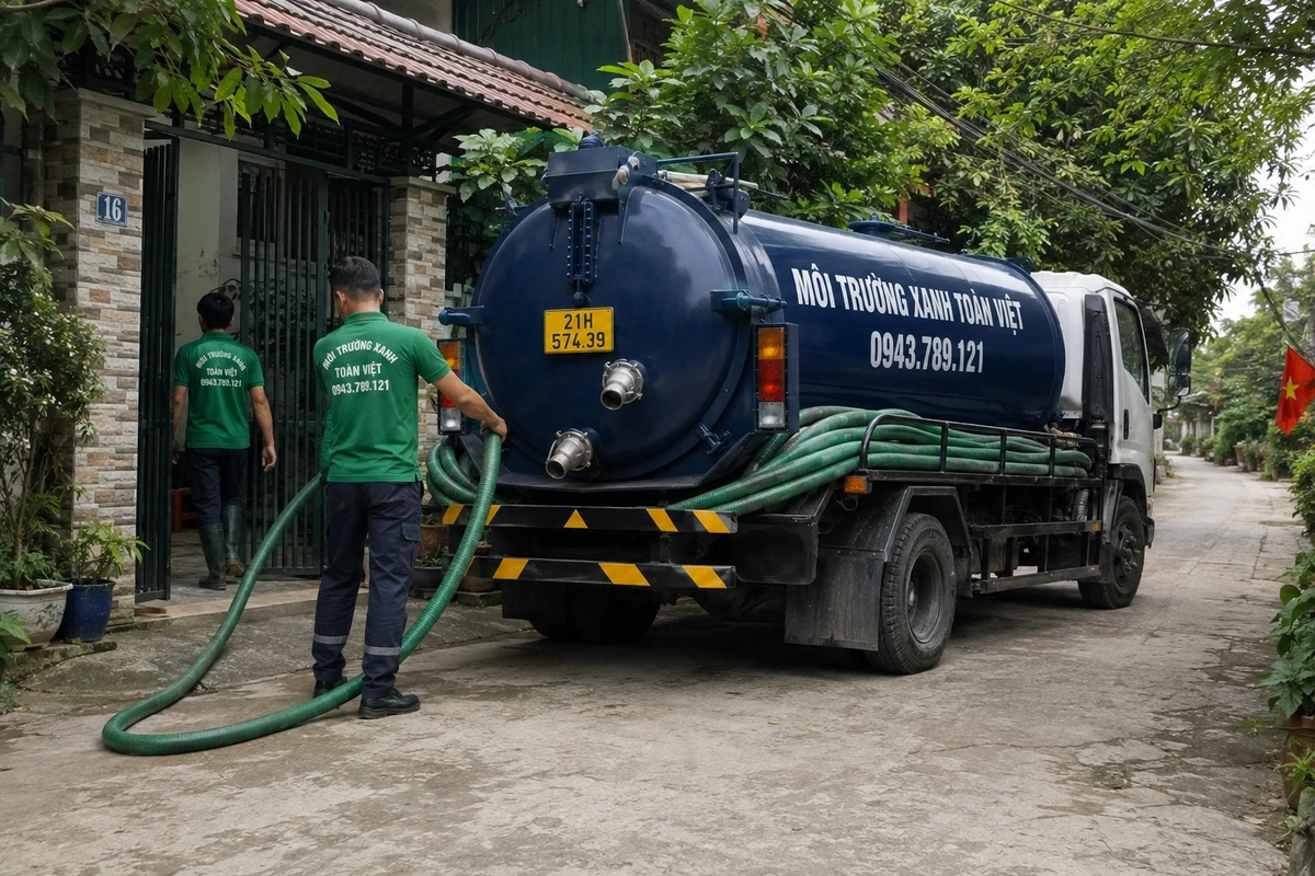 Hút Bể Phốt Tại Trạm Tấu 24/7, Báo Giá Theo Khối Và Khối 9 Nhân viên đưa đường ống hút vào bên trong công trình