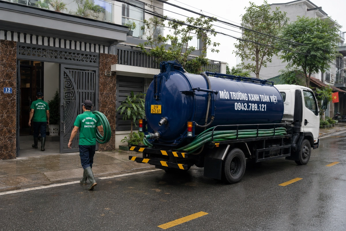 Nhân viên đưa đường ống hút vào bên trong công trình