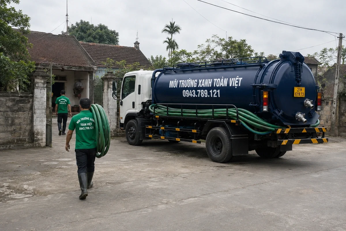 Hút Bể Phốt Tại Văn Chấn | Đo Khối Rõ | Xanh Toàn Việt 11 Nhân viên đưa đường ống hút vào bên trong công trình