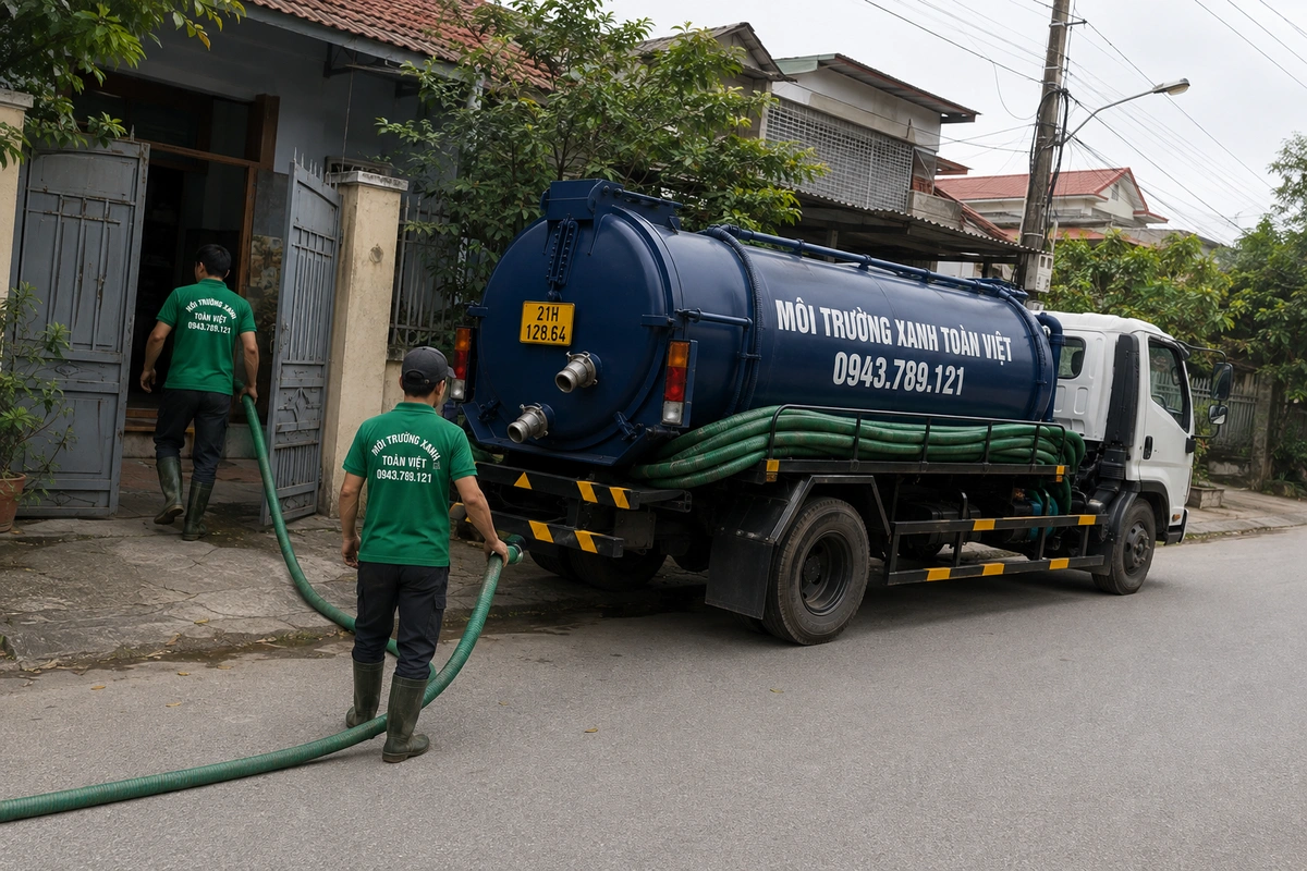 Hút Bể Phốt Tại Văn Yên 24/7, Báo Giá Theo Khối Và Khối 9 Nhân viên đưa đường ống hút vào bên trong công trình