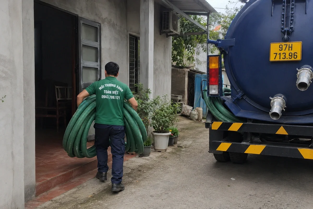 Hút bể phốt tại Pác Nặm giá rẻ uy tín | Toàn Việt 12 Nhân viên dịch vụ vệ sinh kéo ống hút vào nhà