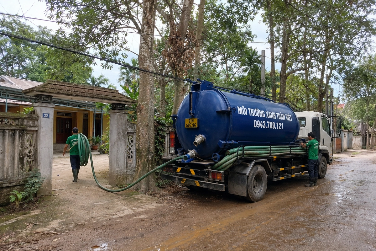 Hút Bể Phốt Tại Lục Yên 24/7, Báo Giá Theo Khối Và Khối 7 Nhân viên kéo đường ống từ xe vào khu vực cần xử lý