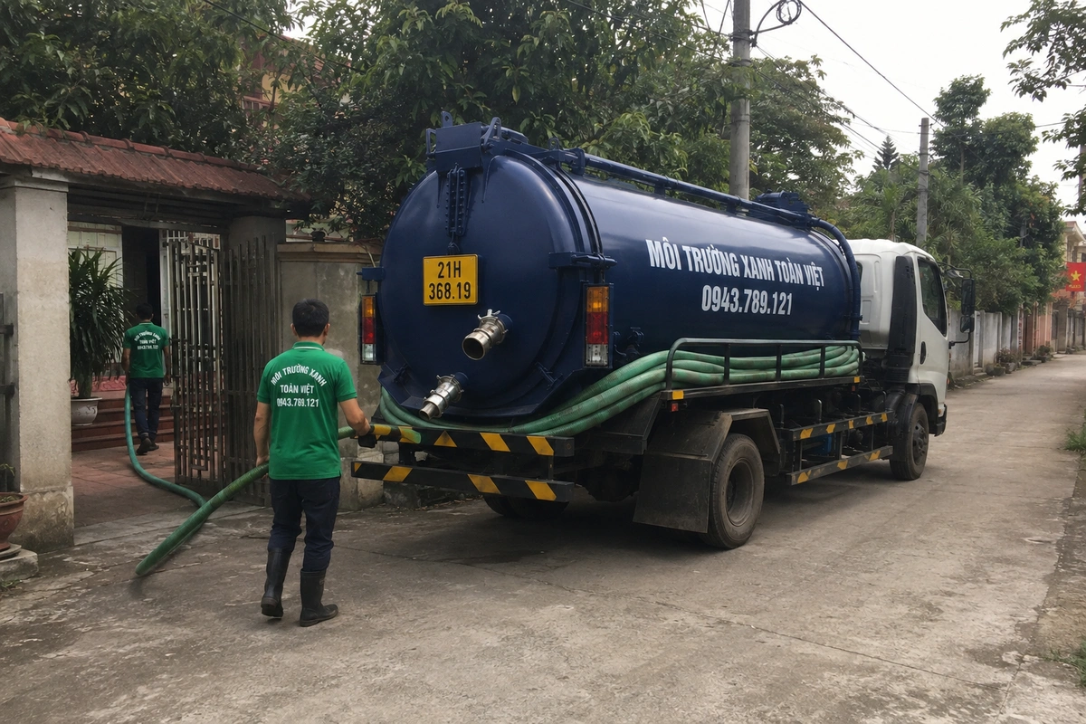 Nhân viên kéo đường ống từ xe vào khu vực cần xử lý