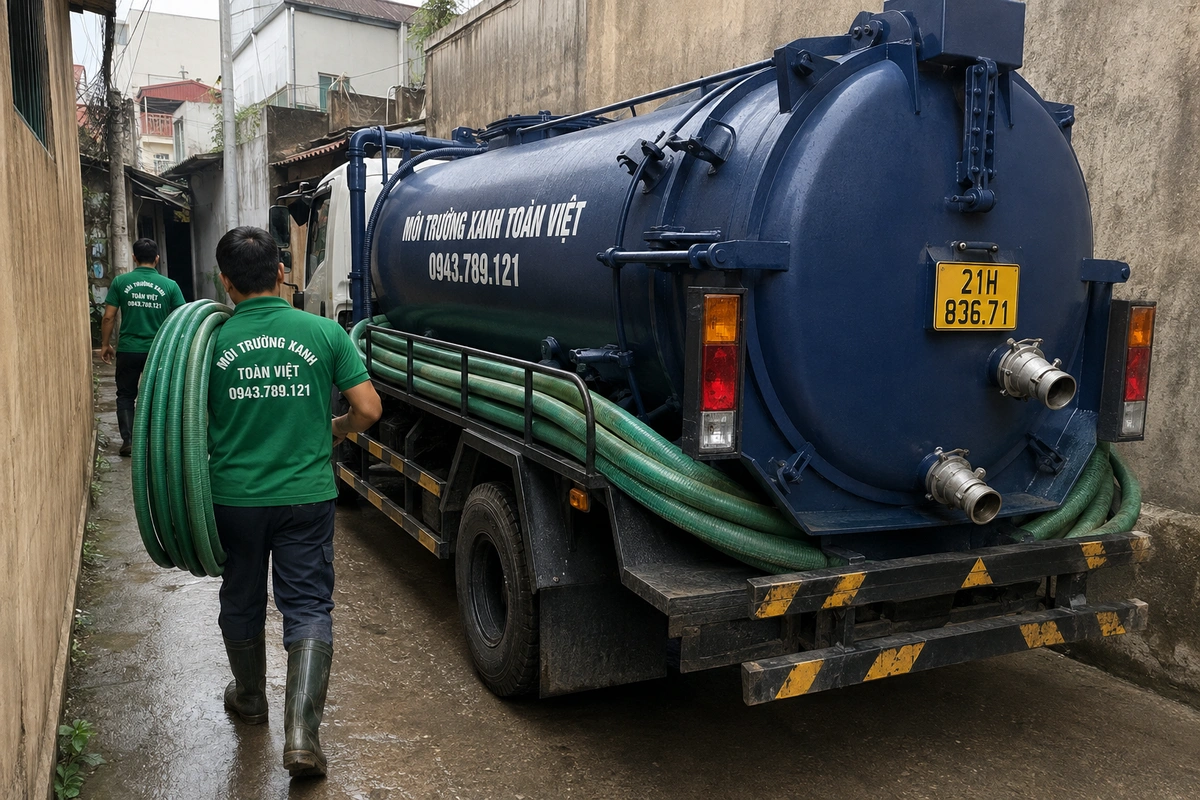 Hút Bể Phốt Tại Trạm Tấu 24/7, Báo Giá Theo Khối Và Khối 7 Nhân viên kéo đường ống từ xe vào khu vực cần xử lý