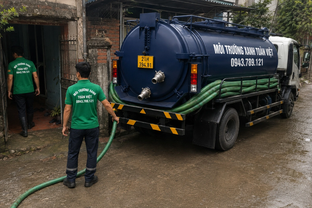 Nhân viên kéo đường ống từ xe vào khu vực cần xử lý