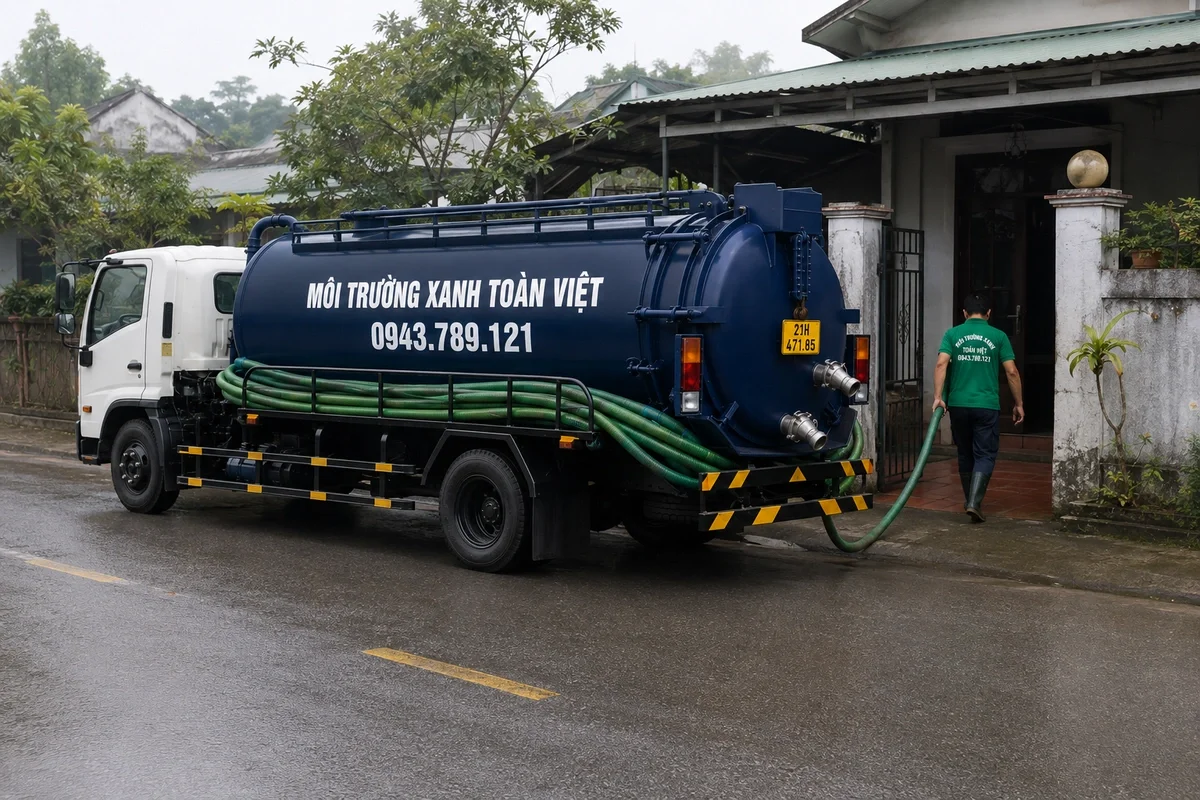 Hút Bể Phốt Tại Văn Chấn | Đo Khối Rõ | Xanh Toàn Việt 8 Nhân viên kéo đường ống từ xe vào khu vực cần xử lý