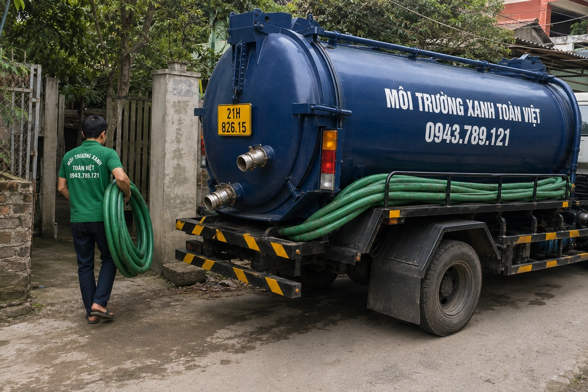 Hút Bể Phốt Tại Văn Yên 24/7, Báo Giá Theo Khối Và Khối 7 Nhân viên kéo đường ống từ xe vào khu vực cần xử lý