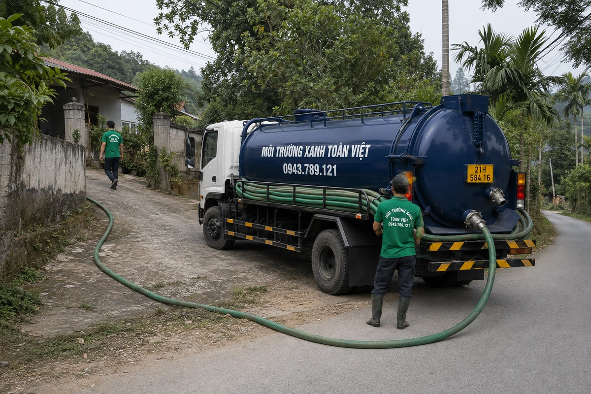 Hút Bể Phốt Tại Yên Bình 24/7, Báo Giá Theo Khối Và Khối 7 Nhân viên kéo đường ống từ xe vào khu vực cần xử lý