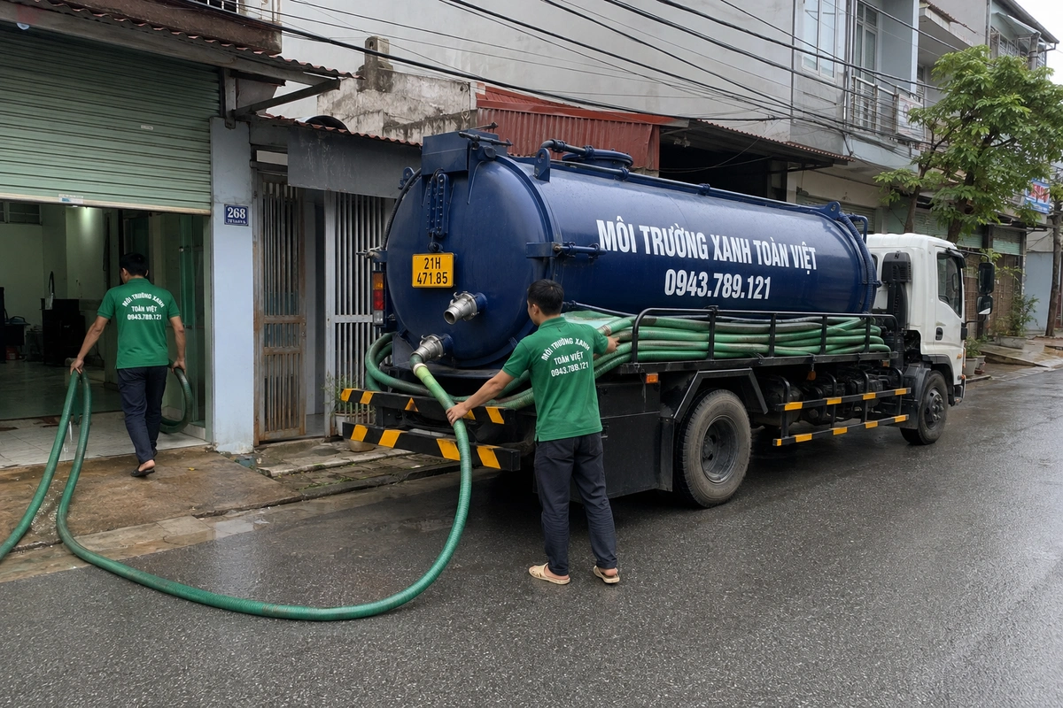 Hút Bể Phốt Tại Yên Bái, Khảo Sát Đường Vào Trước Khi Báo Giá 10 Nhân viên nối ống hút từ xe vào bên trong công trình