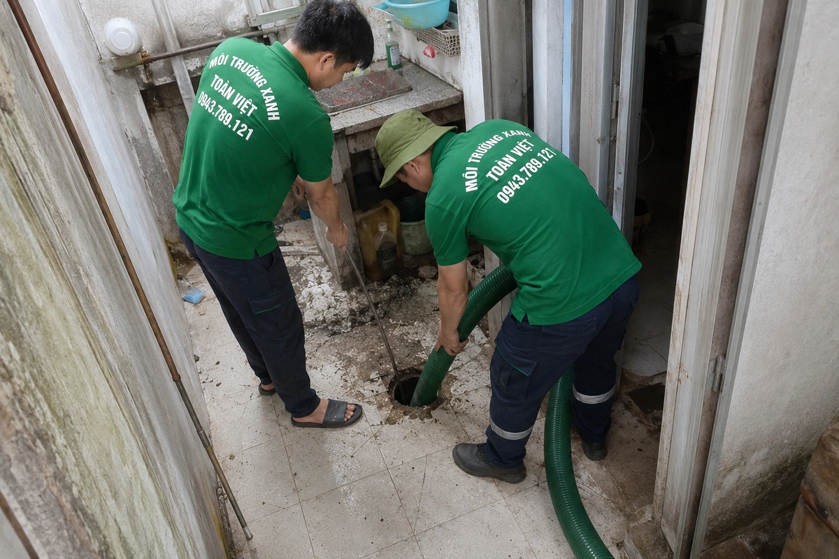 Nhân viên đưa ống hút xuống vị trí bể tự hoại