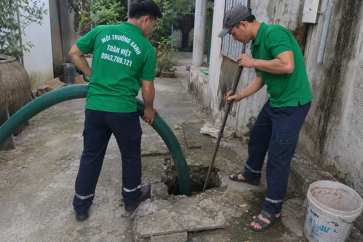 Nhân viên đưa ống hút xuống vị trí bể tự hoại
