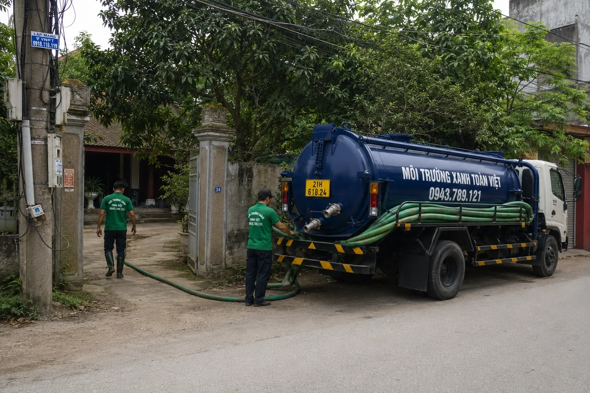 Đội kỹ thuật triển khai đường ống hút bể phốt