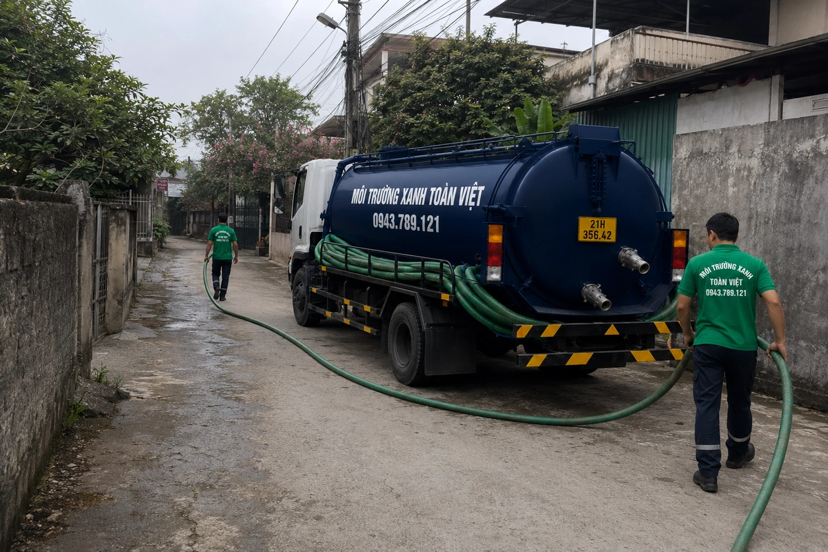 Đội kỹ thuật triển khai đường ống hút bể phốt