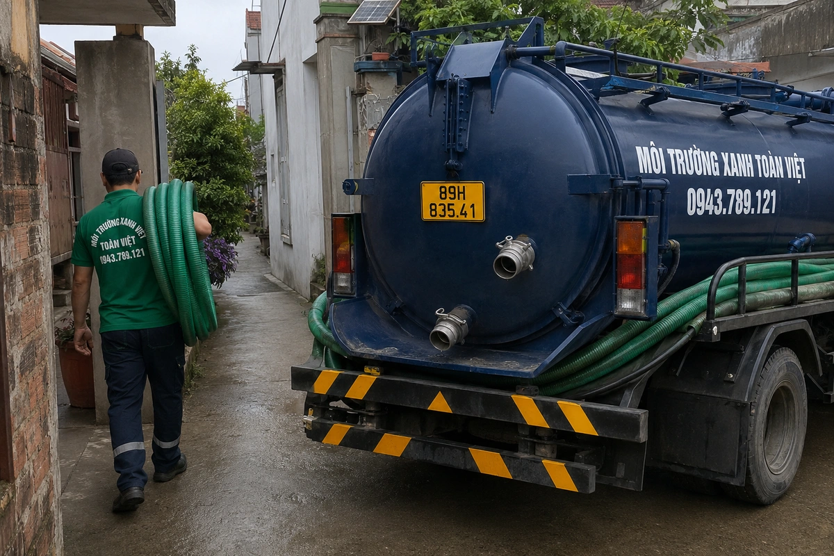 Xe hút bể phốt cùng nhân viên phục vụ công trình