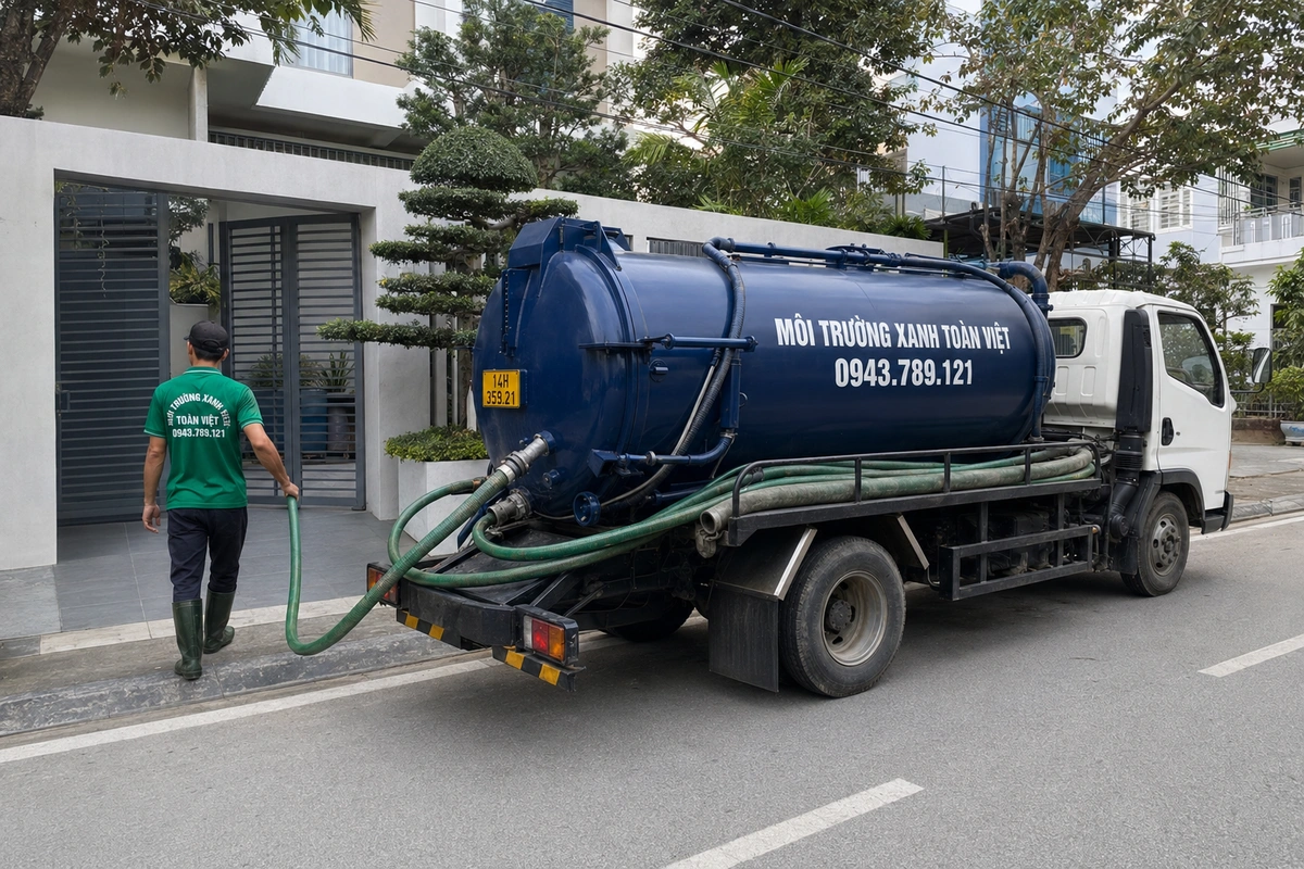 Xe hút bể phốt chuyên dụng cùng đường ống phục vụ công trình