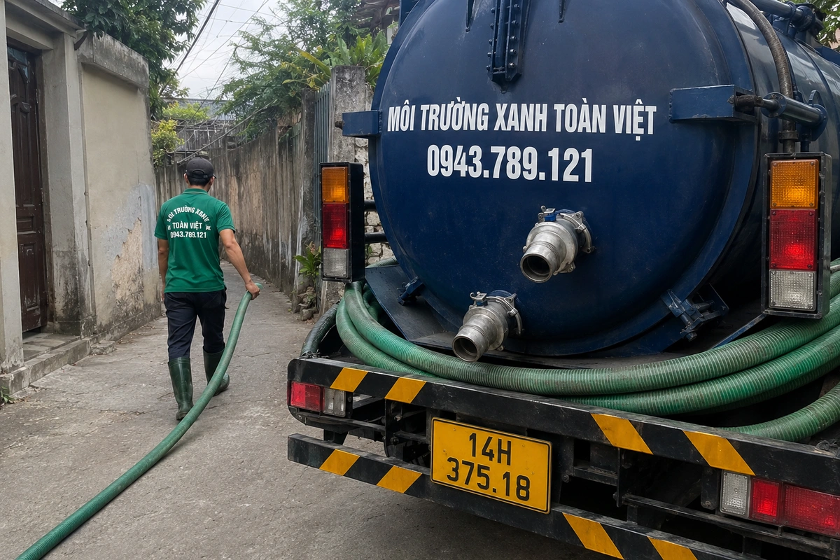 Xe hút bể phốt làm việc tại khu dân cư
