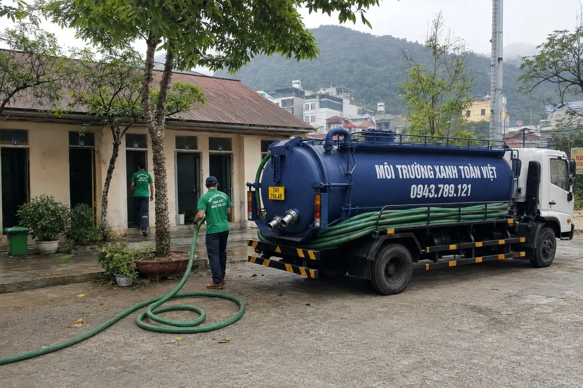 Xe hút bể phốt chuyên dụng chuẩn bị phục vụ công trình