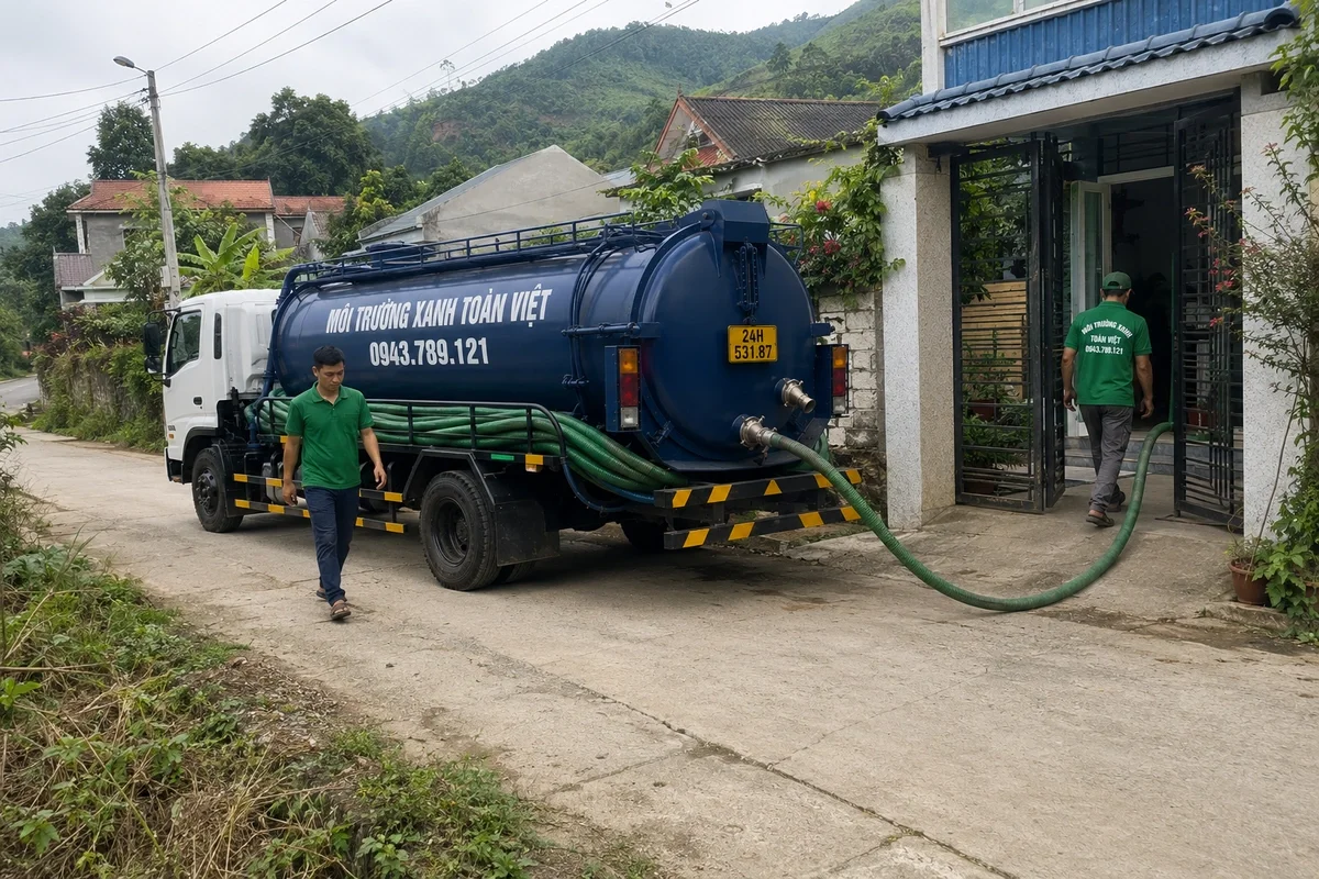 Xe hút bể phốt cùng nhân viên phục vụ công trình