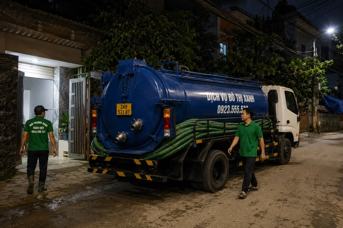 Xe hút bể phốt làm việc tại khu dân cư