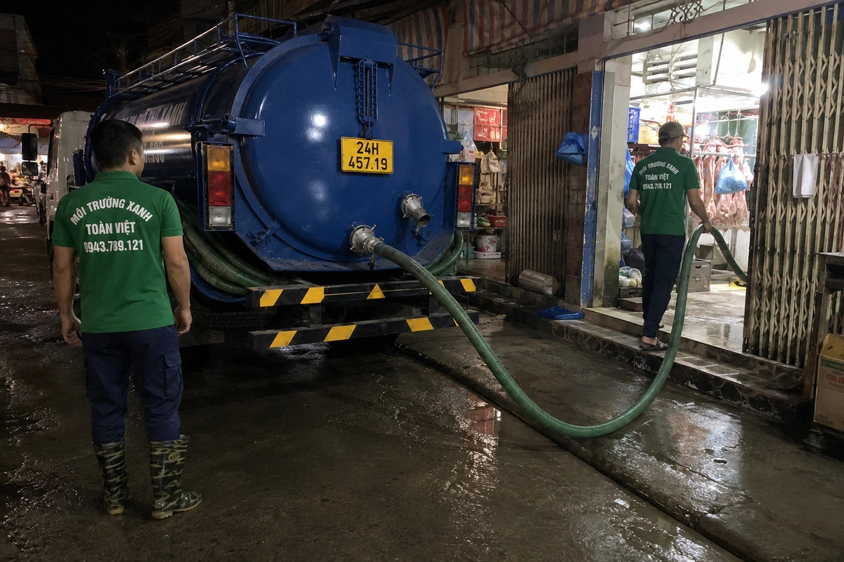 Xe hút bể phốt cùng nhân viên phục vụ công trình