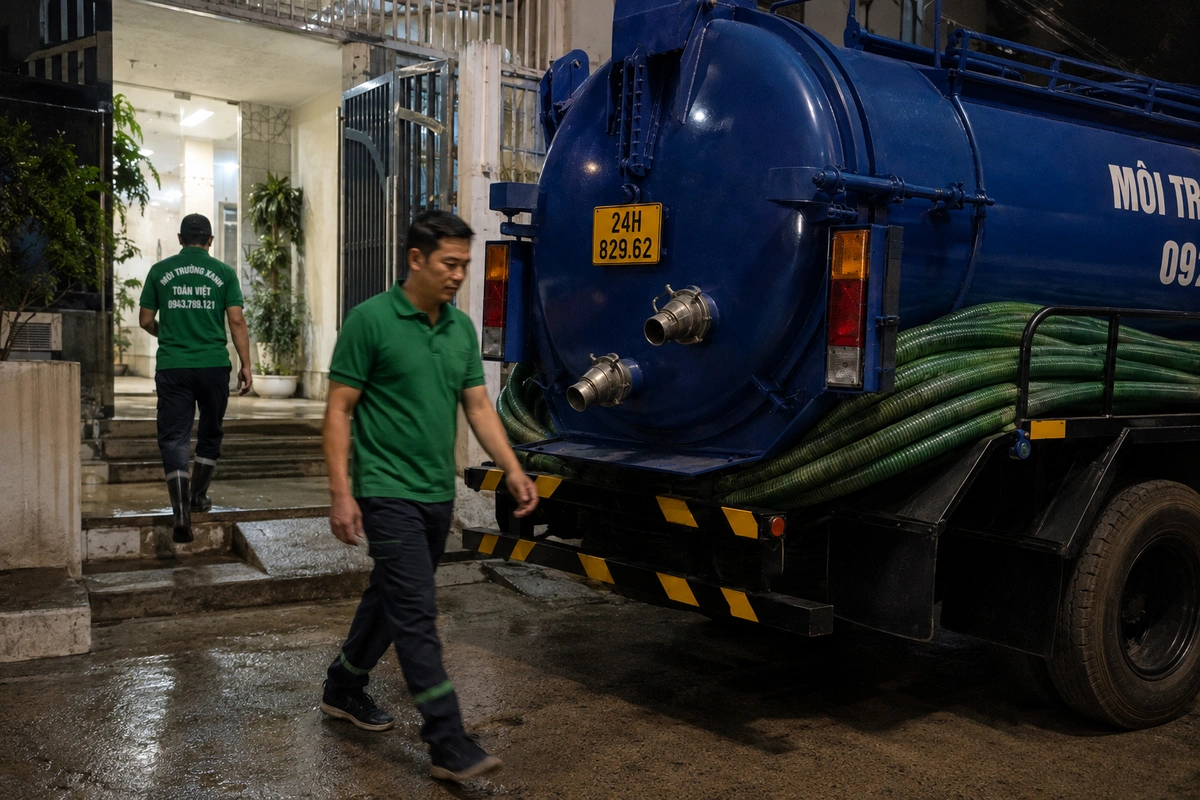 Xe hút bể phốt làm việc tại khu dân cư