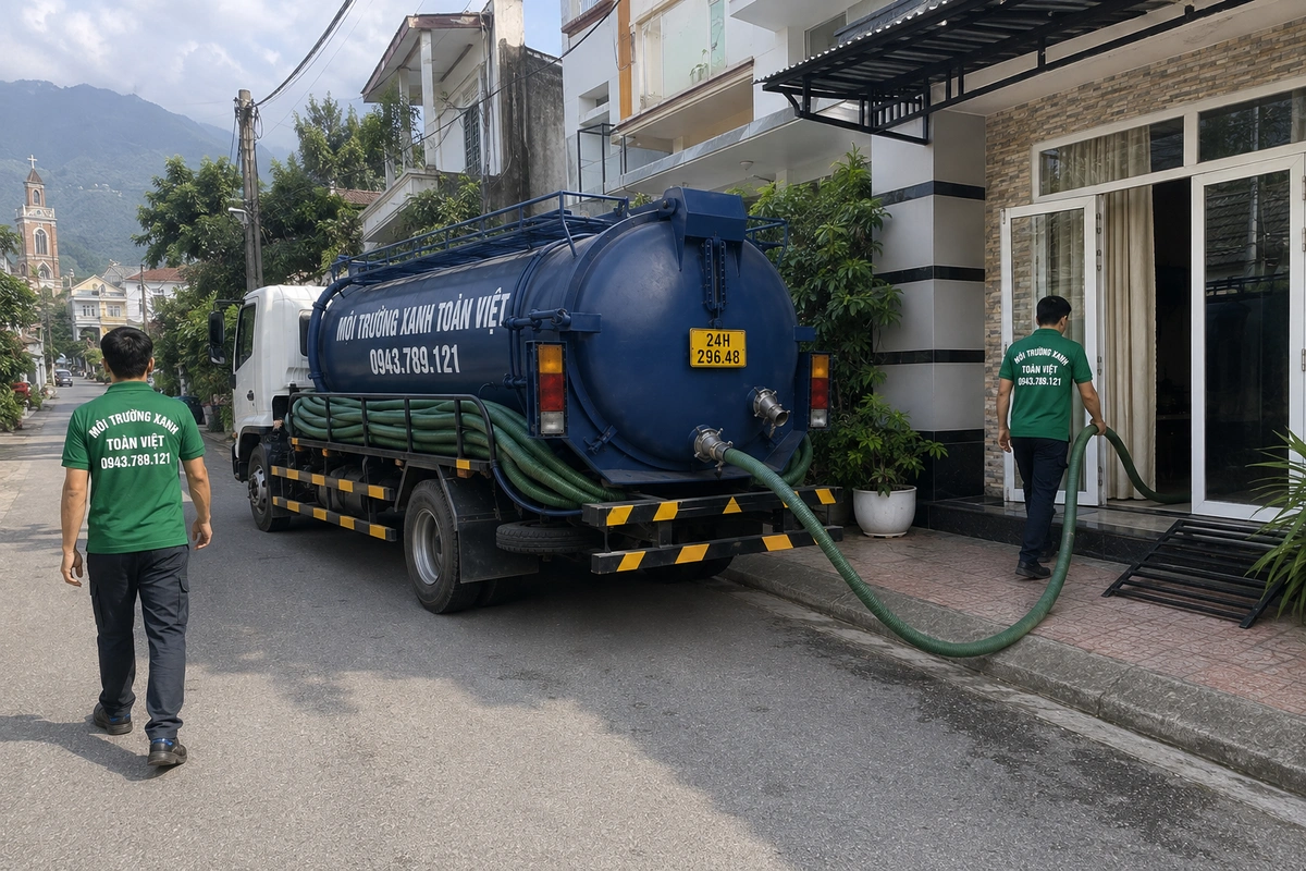 Xe hút bể phốt cùng nhân viên phục vụ công trình
