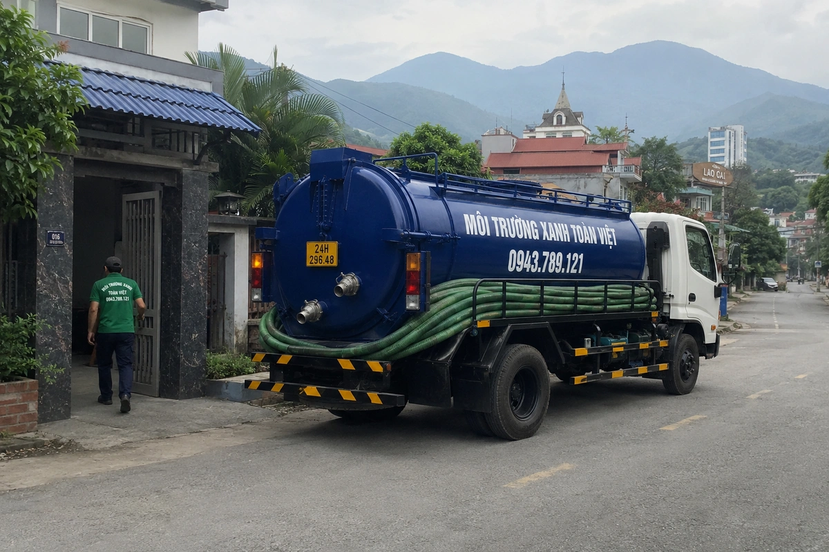 Xe hút bể phốt làm việc tại khu dân cư