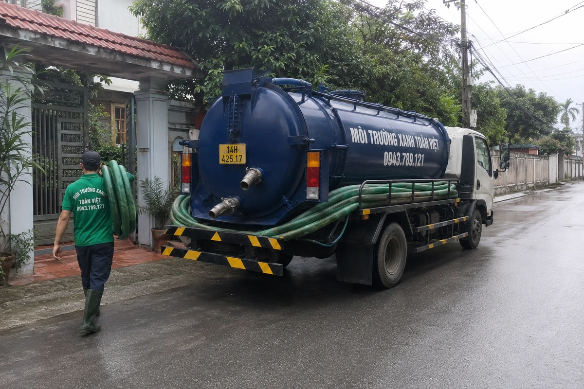 Xe hút bể phốt chuyên dụng cùng đường ống phục vụ công trình