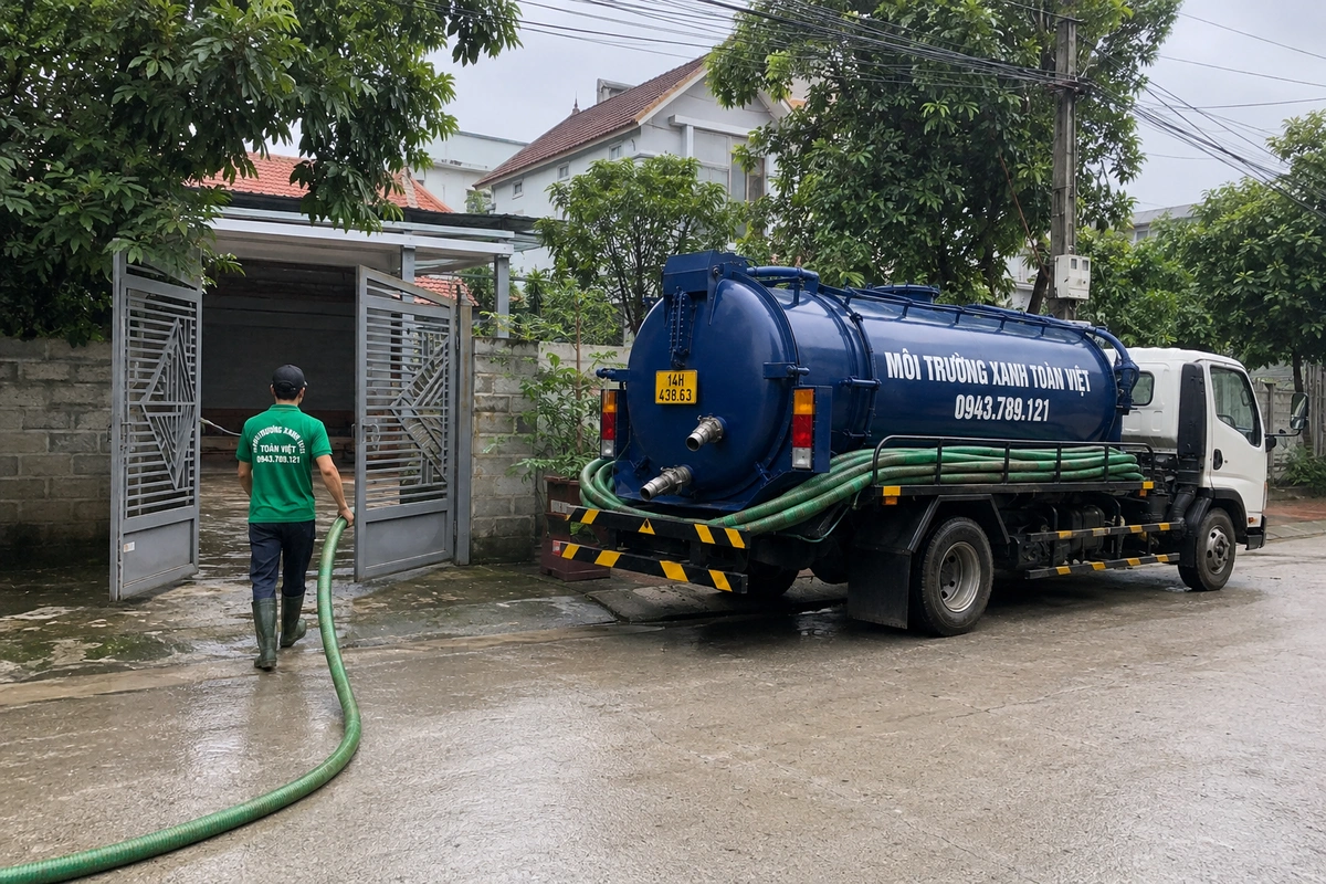 Xe hút bể phốt làm việc tại khu dân cư
