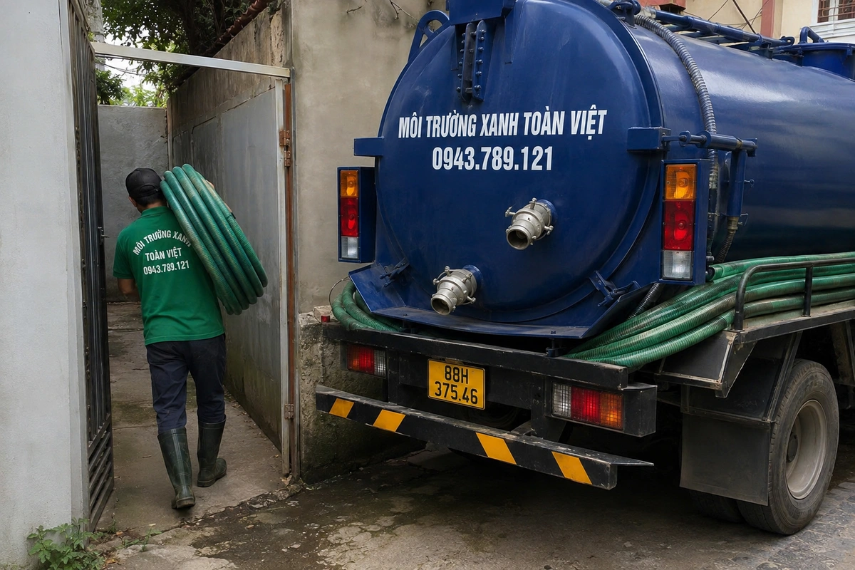 Nhân viên triển khai đường ống từ xe hút bể phốt