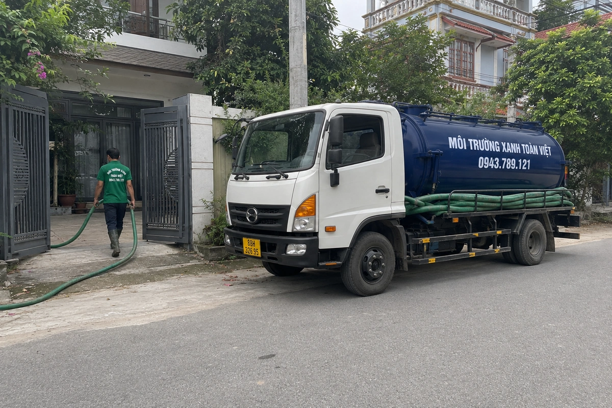 Xe hút bể phốt đỗ tại khu dân cư để làm việc