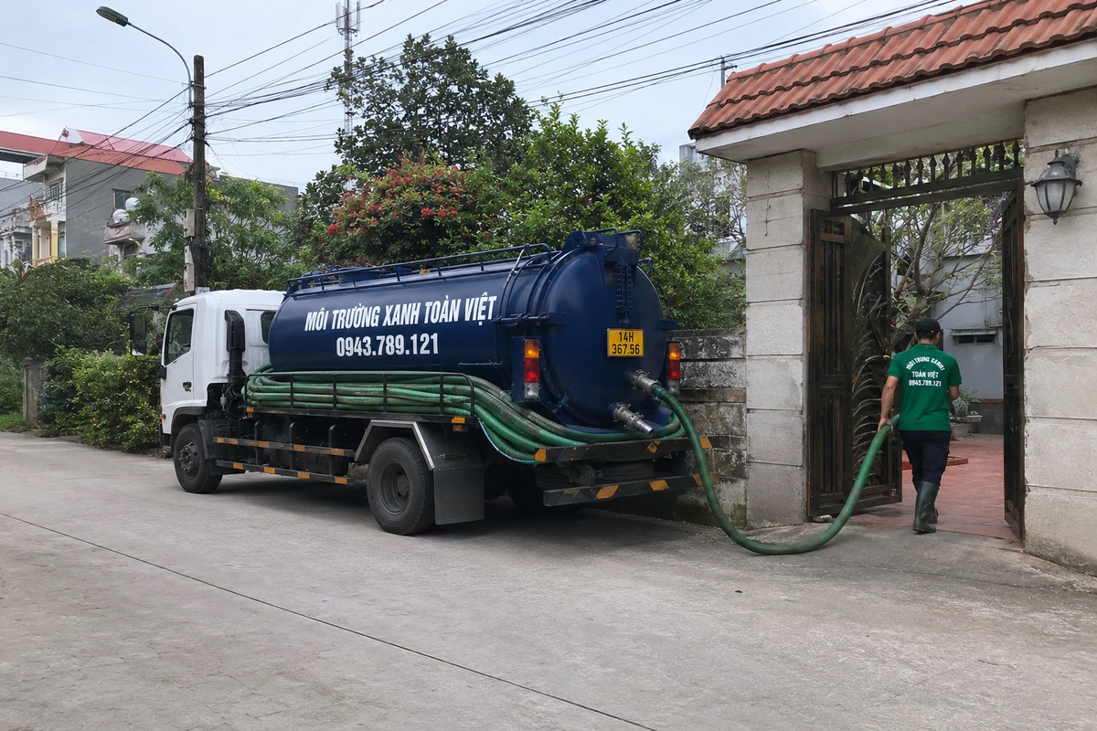 Xe hút bể phốt chuyên dụng cùng đường ống phục vụ công trình