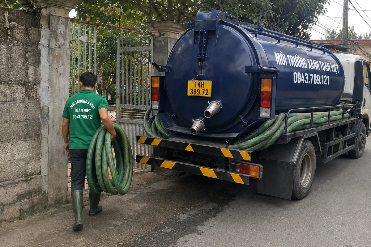 Xe hút bể phốt làm việc tại khu dân cư