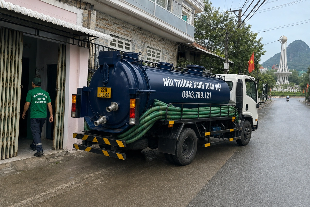 Nhân viên triển khai đường ống từ xe hút bể phốt